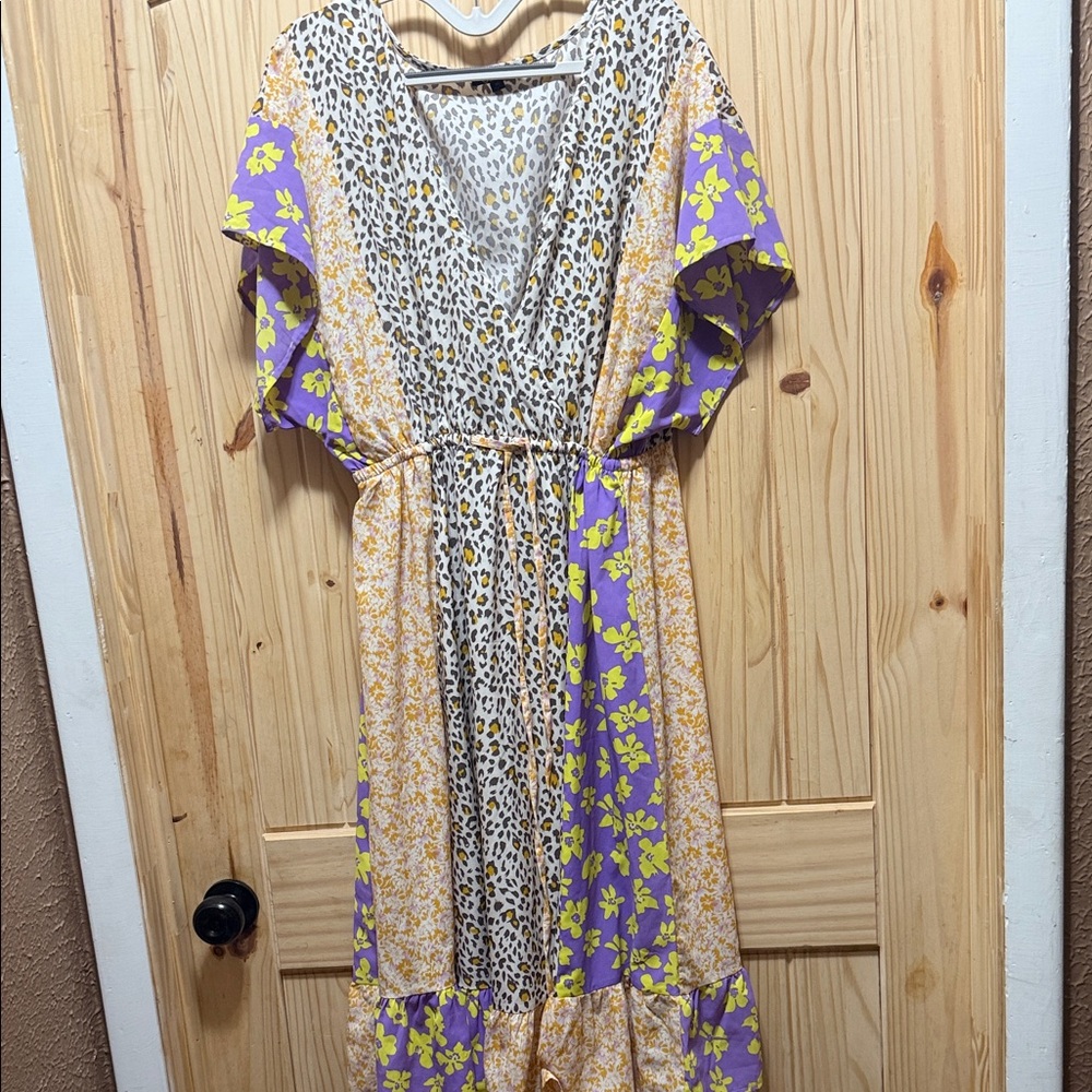 ODDY Purple and Yellow Floral Leopard Maxi Dress